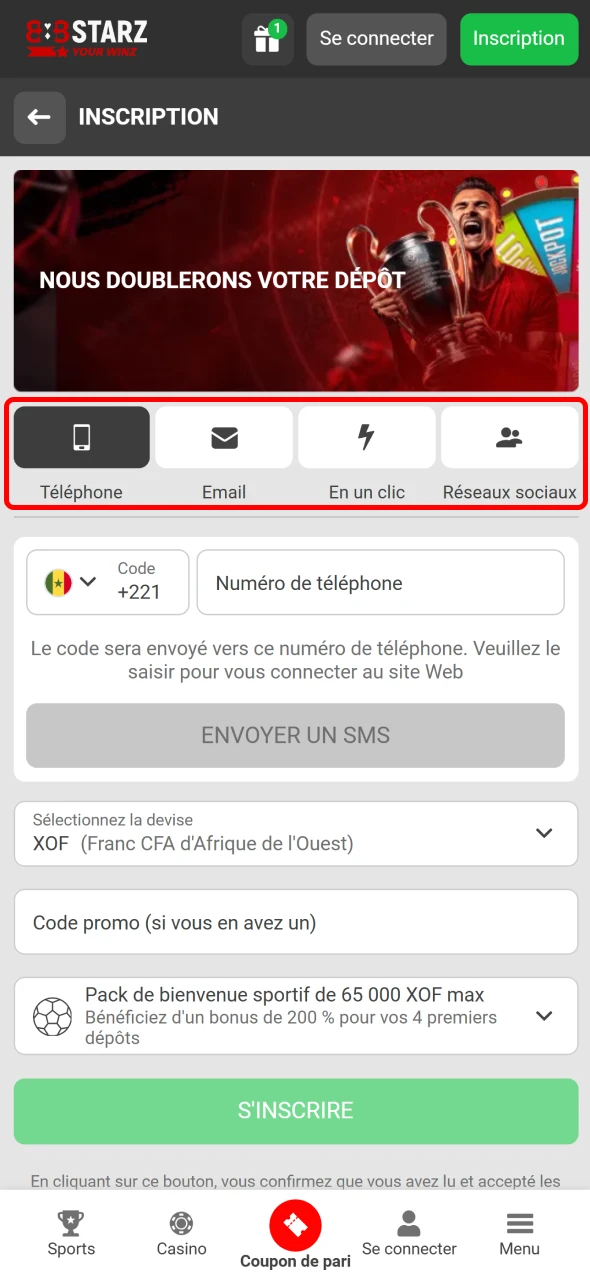 Choisissez votre méthode d’inscription via l’app 888Starz mobile.