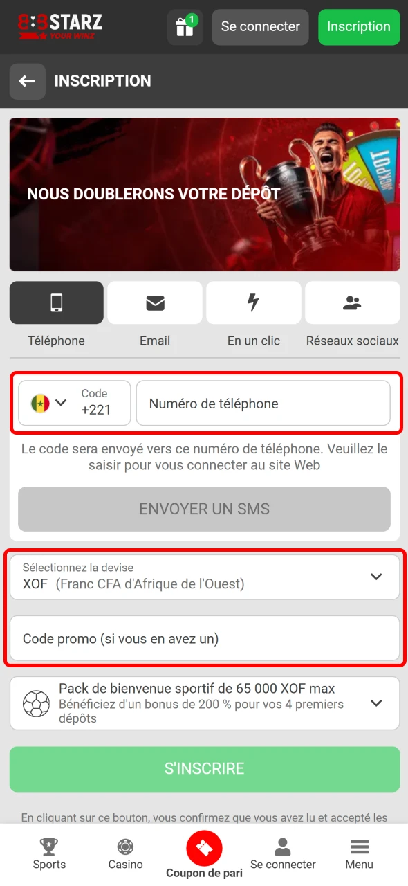 Remplissez vos données dans l’application 888Starz pour créer un compte.