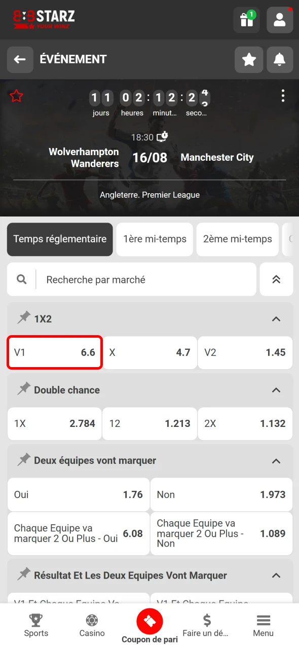 Choisissez un type de pari dans l’app 888Starz pour les joueurs sénégalais.
