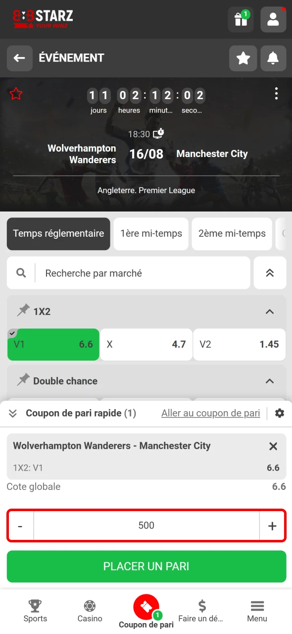 Définissez votre mise dans l’application mobile 888Starz.