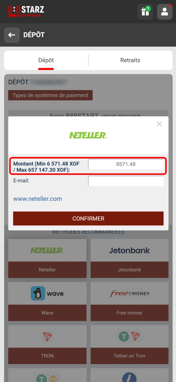 Entrez le montant souhaité pour déposer sur 888Starz.