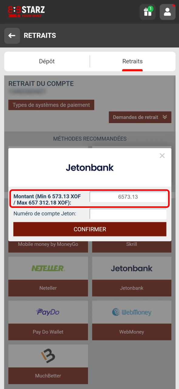 Indiquez le montant à retirer via 888Starz.