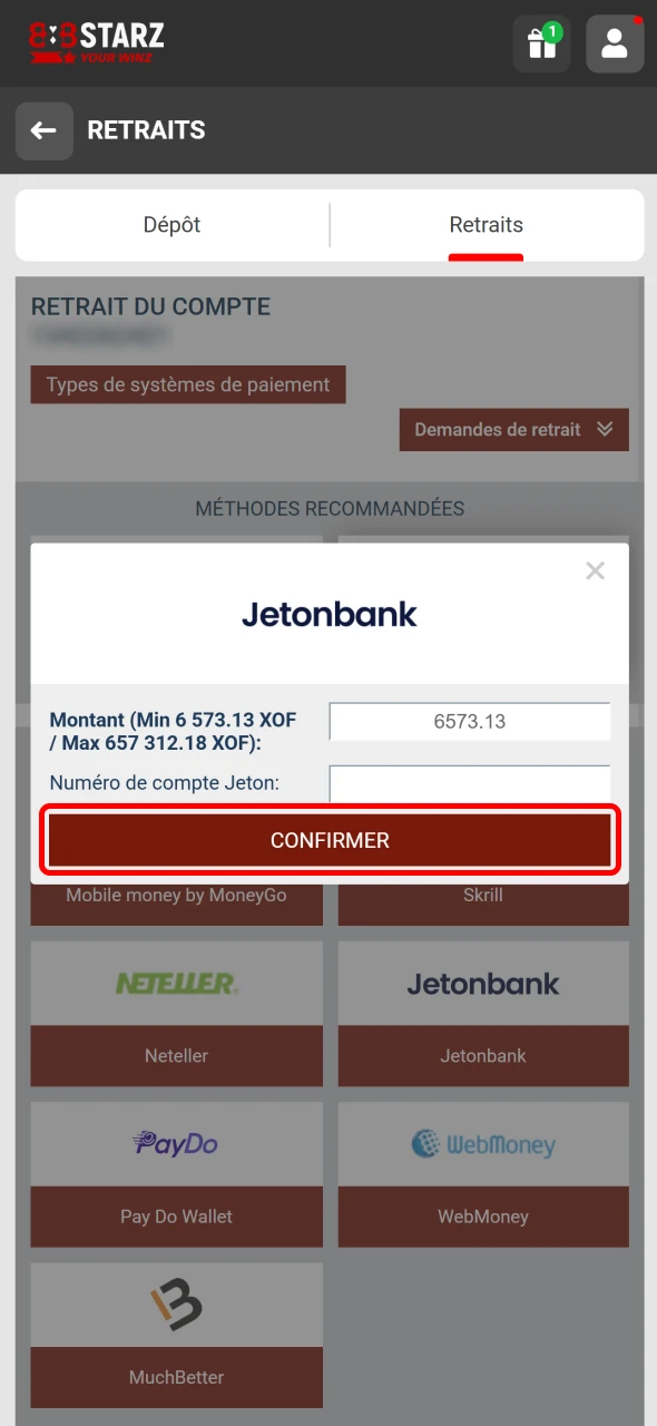 888Starz in Sénégal propose des retraits simples à valider.