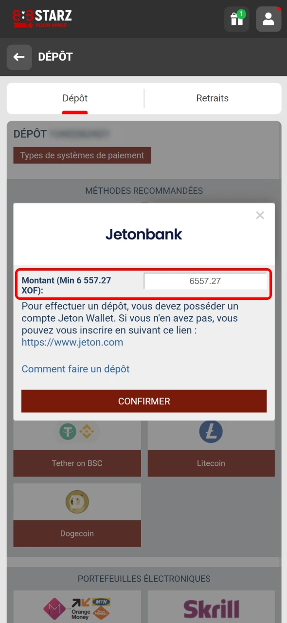 Saisissez le montant de dépôt souhaité sur votre compte 888Starz.