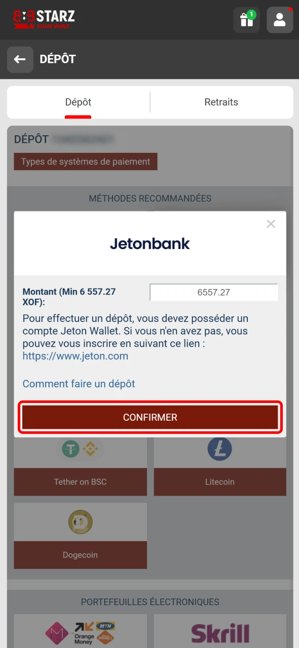 Validez la transaction pour créditer votre compte 888Starz Sénégal.
