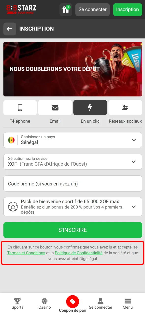 Acceptez les conditions générales pour ouvrir un compte sur 888Starz.