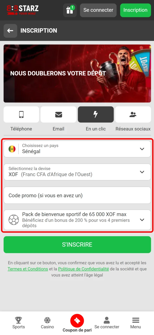 Entrez vos données personnelles pour rejoindre 888Starz au Sénégal.