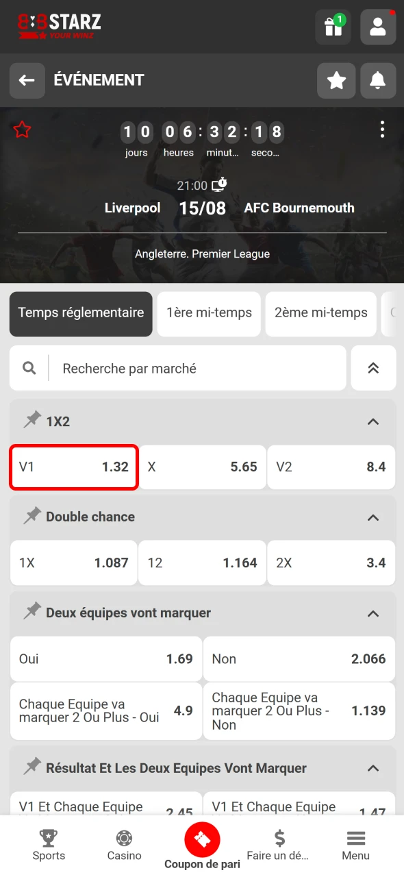 Ajoutez un pari à votre coupon sur 888Starz.