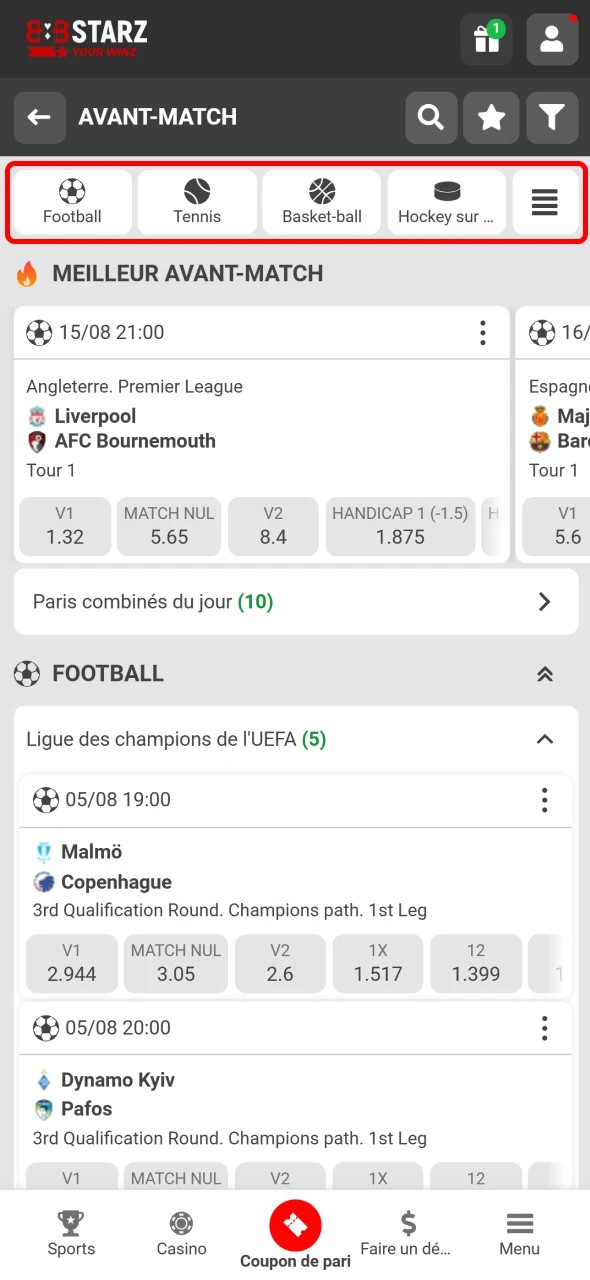 Choisissez un sport sur 888Starz pour placer votre pari.
