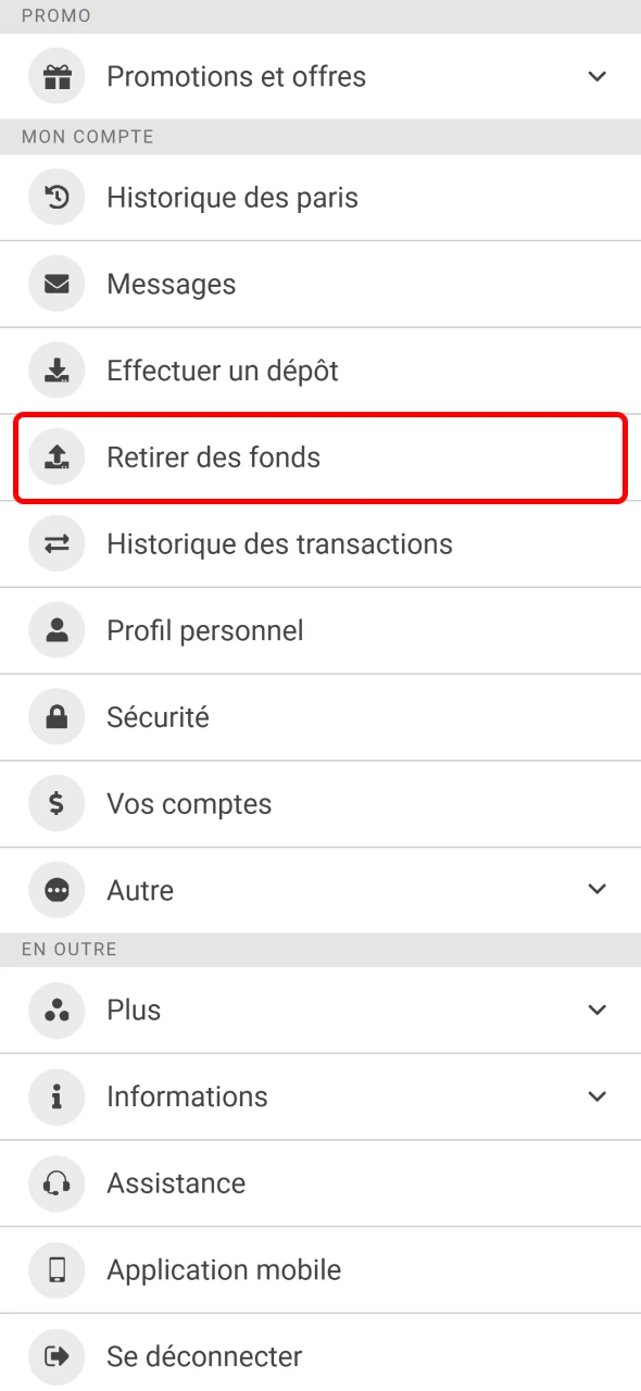 Accédez à la page retrait de votre compte 888Starz.