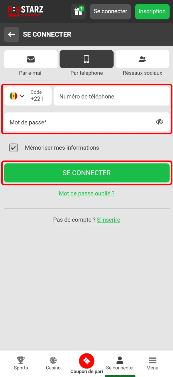 Utilisez votre numéro pour accéder au compte 888Starz Sénégal.
