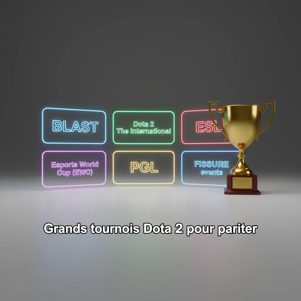 Montage de logos de tournois Dota 2: TI, BLAST, ESL, EWC, PGL, FISSURE, avec cotes de paris et calendrier en arrière-plan.