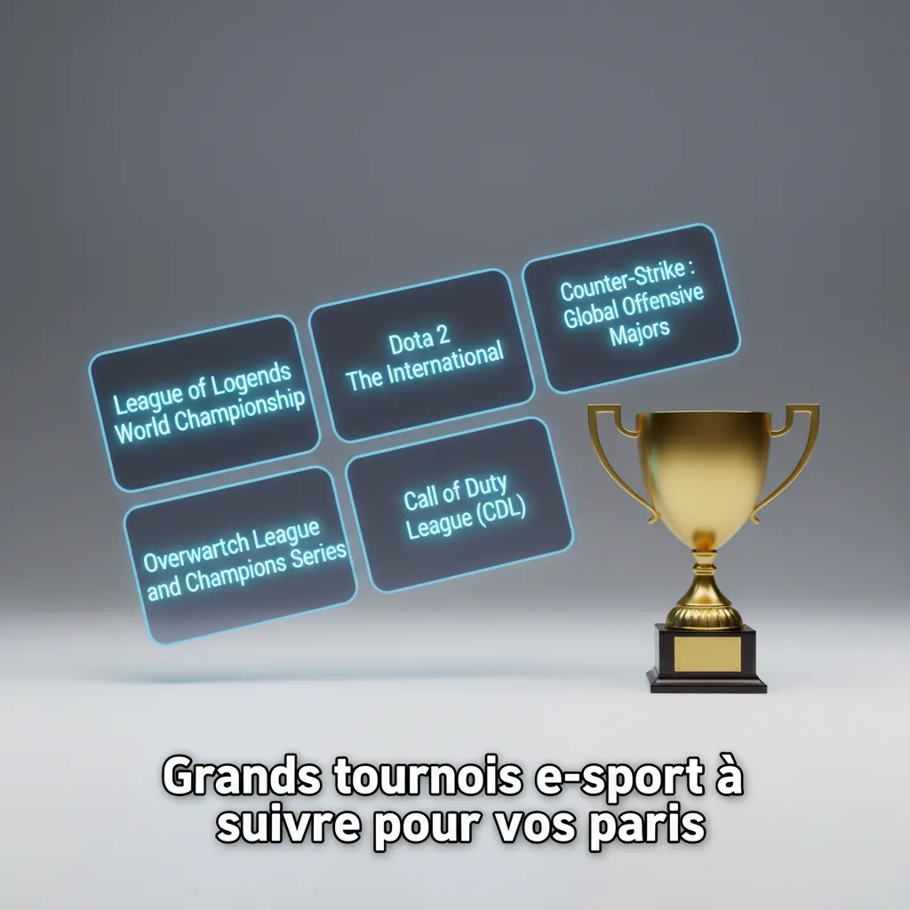 Tableau des tournois e-sport majeurs pour vos paris: Dota 2, CS2, LoL, Valorant, MLBB, R6, SC2.
