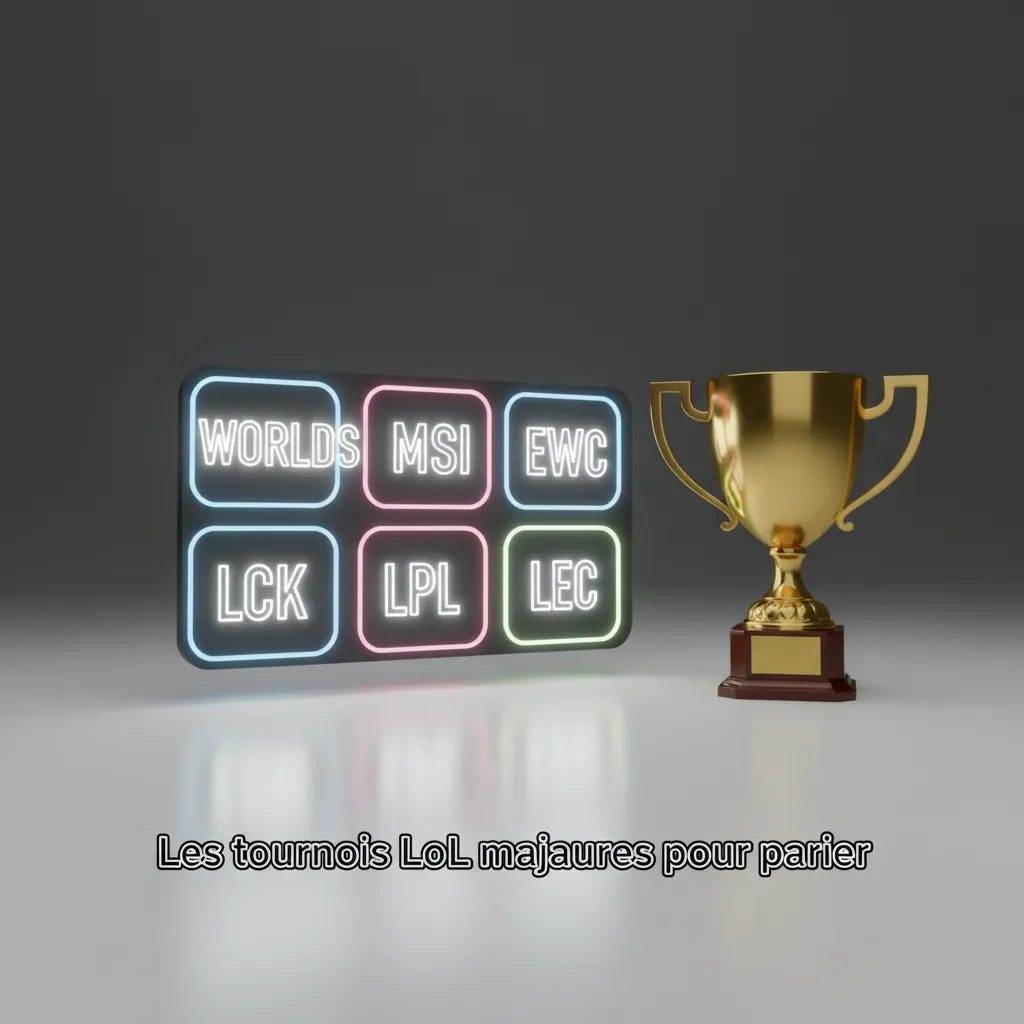 Bannière des tournois majeurs LoL: Worlds, MSI, EWC, LCK, LPL, LEC, avec cotes et calendrier GMT pour parier.